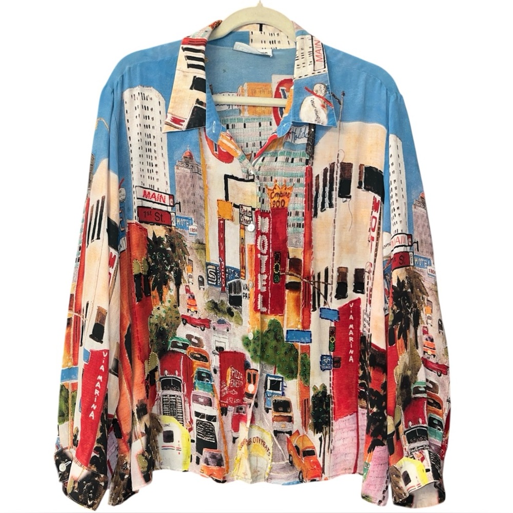 Nicole Taylor Women’s Long Sleeve 100% Silk Beaded City Scene “AS IS” Size